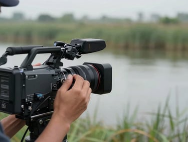Close-up of a documentary camera operator adjusting a lens at the edge of a haor waterway, natural overcast light, reed beds blurred in background, hands and equipment in sharp focus, muted green and grey tones