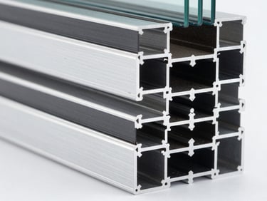 Macro shot of a multi-chambered aluminium profile cross-section, sharp corner joints, technical precision, bright daylight, 35mm