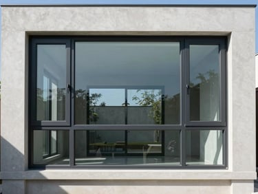 Straight-on elevation of a large-span uPVC sliding window system in a concrete luxury villa, bright natural daylight, sharp architectural shadows