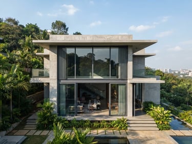 Wide-angle architectural exterior of a modern luxury concrete villa in Bengaluru, featuring towering double-height aluminium sliding windows, sharp afternoon shadows, bright natural daylight, 35mm.