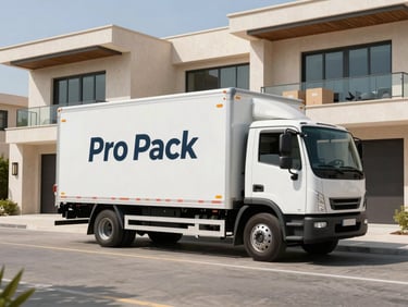 A wide angle shot of a clean, branded Pro Pack moving truck parked outside a modern luxury villa in Abu Dhabi, bright sunlight, uniform boxes visible inside
