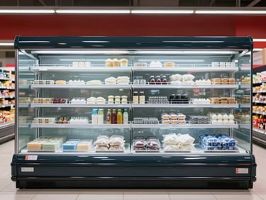 Modern supermarket refrigerated display case, clean glass, crisp technical lighting, straight-on framing.