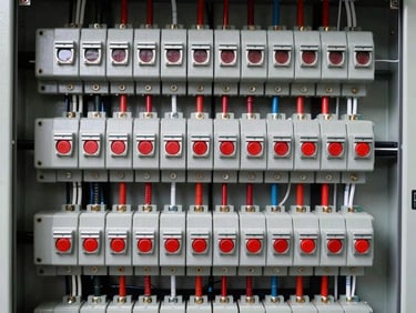 Industrial electrical distribution board, perfectly organized wiring, metallic switches, high-contrast technical shot.