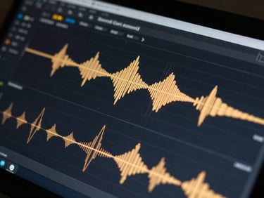 Macro shot of a digital CMS dashboard displaying audio waveforms on a dark screen, subtle gold data lines, high shadow depth, clean technical interface.