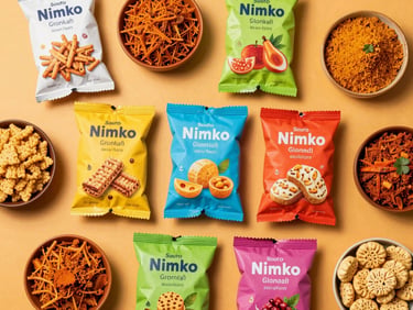 Top-down flat lay of vibrant South Asian snack packages and bowls of spiced nimko on a warm saffron backdrop, high-key studio lighting, 50mm