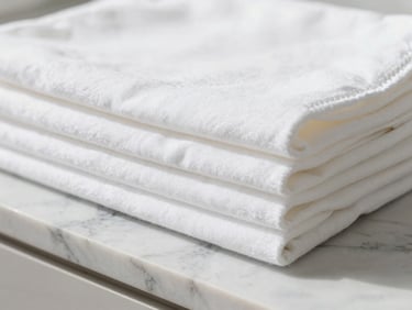 Macro photograph of perfectly folded white cotton linens stacked neatly on a clean marble counter, bright natural daylight, crisp focus, 35mm