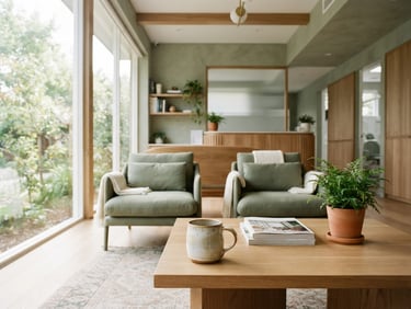 Sunlit, architectural view of a serene dental clinic waiting room with warm wood accents, a ceramic mug on a table, sunlit sage and ivory tones, editorial 35mm photography