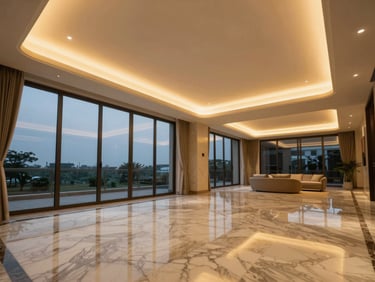 Ultra-luxury residential penthouse interior in Jubilee Hills, double-height ceilings, Italian marble floors, glowing golden cove lighting, twilight view