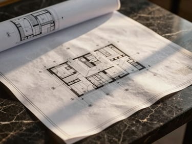 High-contrast macro shot of premium architectural blueprints laid out on a dark marble table, warm golden light catching the lines, luxury aesthetic.