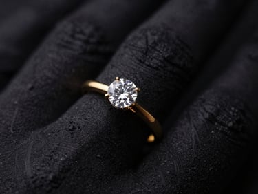 Close-up macro shot of an elegant gold ring with a single large diamond, worn on a hand, dark textured stone backdrop, dramatic low-key lighting, deep black and gold tones, shallow depth of field