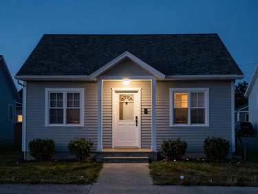 Nova Scotia residential home exterior at deep blue dusk, security camera glowing above front door, landscaping in shadow, quiet suburban street barely visible in background