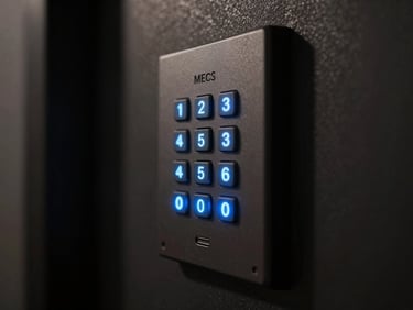 Close macro of a modern alarm panel keypad glowing faintly in a near-black hallway, backlit buttons visible, cool blue LED indicator light, deep shadow surrounding the hardware