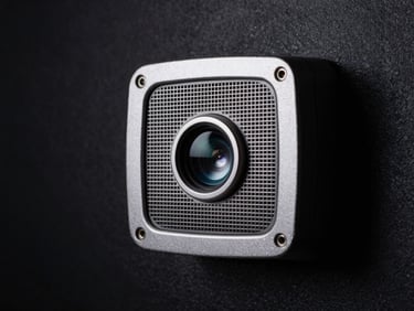 Macro shot of a PIR motion sensor mounted on a dark wall corner, sensor mesh and lens visible, cool directional light catching the device edge, near-black background