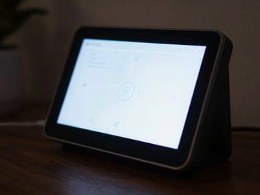 Close macro of a smart home security hub touchscreen interface glowing in a dark room, interface icons faintly visible, cool blue-white screen light, black surround, no warm tones