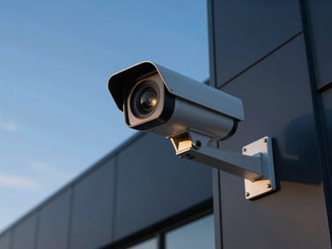 Wide-angle surveillance camera mounted high on a commercial building exterior at dusk, blue-hour sky behind it, cold directional light catching the lens housing, dark facade