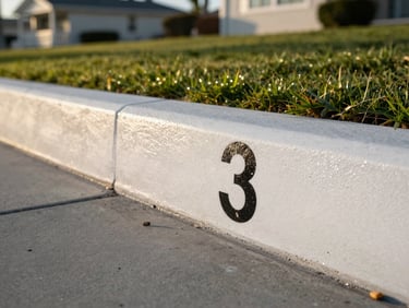 Bright Southern California afternoon sun reflecting off a freshly painted curb with crisp black numbers on a clean white background, green lawn and beach house in the soft-focus background.