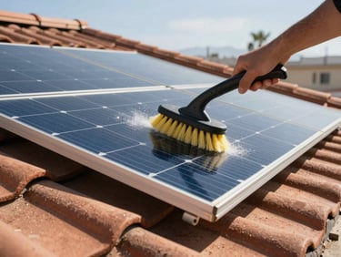 Solar panels on a tiled roof being cleaned with a soft water brush under bright California sun