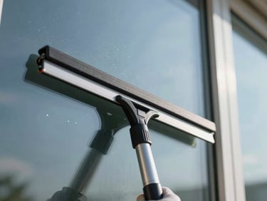 A professional squeegee gliding across a perfectly clean window pane, bright daylight reflecting off the glass