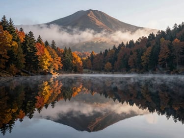 A quiet mountain lake in Auvergne reflecting the autumn trees and volcanic peaks, early morning mist.