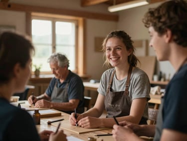 Close-up of local artisans and volunteers sharing a warm moment in a wooden community hall in Auvergne, soft natural window light, authentic and friendly atmosphere.