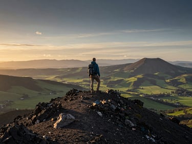A hiker standing on a volcanic ridge of the Massif du Sancy at golden hour, vast green valleys stretching below, dramatic sky.
