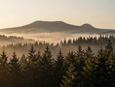 Plan large de la brume matinale s'élevant au-dessus de la forêt de sapins du Massif du Sancy à l'heure dorée, avec les crêtes volcaniques en arrière-plan.