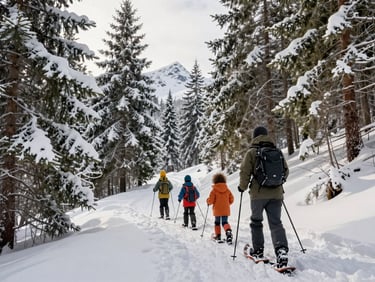 A family snowshoeing through a snow-covered pine forest in the Sancy mountains, soft winter sunlight.