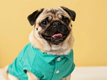 A happy pug wearing a vibrant teal handmade shirt, sitting proudly in front of a warm yellow backdrop, soft natural light, close-up, 50mm