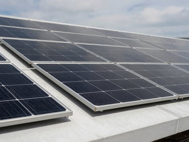 Close-up abstract architectural detail of all-black monocrystalline solar cells flush-mounted on a clean slate roofline, zero visible conduits, sharp shadows, overcast sky.