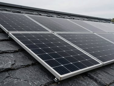 Close-up detail of a flawless, all-black monocrystalline solar array integrated seamlessly into a modern slate roof, clean lines, no visible wiring or silver frames, soft overcast lighting.