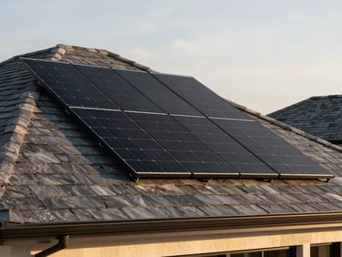 A close-up architectural elevation of a modern luxury Florida estate roofline at golden hour, showing seamless all-black monocrystalline solar panels flush-mounted with zero visible conduits against a slate gray tile roof.