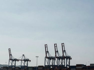 Minimalist wide-angle shot of a deepwater port terminal with container cranes silhouetted against an overcast sky, cool desaturated tones