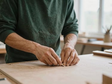 A candid shot of a craftsperson in a workshop, focusing on hands working with materials, diffused natural light, medium shot.