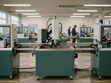 A wide shot of a modern, clean factory floor with automated machinery and a few operators in the background, natural diffused daylight, straight-on view.