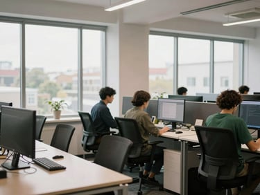 A bright, modern office space with developers working at desks, clean lines, and large windows, natural diffused daylight, medium environmental shot.