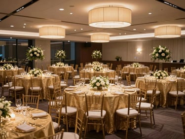 Wide environmental shot of a corporate gala reception space, rows of round tables with low floral centerpieces and warm pendant lighting overhead, empty chairs set precisely, champagne gold linens catching ambient light, no people