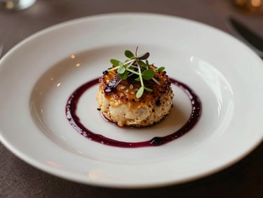 Close-up of a single plated wedding entrée on a white fine-china plate, garnished with microgreens and a burgundy reduction drizzle, side-lit by warm golden light, dark linen tablecloth visible beneath, shallow depth of field