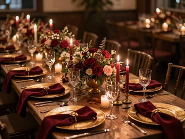 Wide environmental shot of a holiday gala table, deep burgundy velvet napkins, gold charger plates, pillar candles in clusters, rich jewel-toned florals, warm amber venue lighting, no guests, painterly depth of field