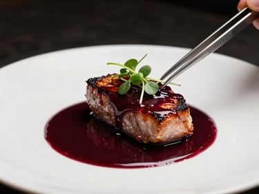 Macro detail of a fine dining plated entrée, deep burgundy reduction sauce artfully draped across seared protein on a matte white plate, micro-greens placed with tweezers, dramatic backlit warm studio lighting, dark negative space surrounds