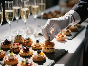 Side-lit close-up of a cocktail reception spread, elegant canapés arranged on a dark slate board, champagne flutes catching light in the background, server's white-gloved hand placing a final garnish, dramatic shadow contrast