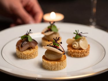 Close-up macro of an elegantly plated wedding appetizer, champagne gold rim plate, soft candlelight from behind, dark background, intricate micro-herb garnish precisely placed by a chef's hand