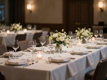 Wide environmental shot of a corporate gala table setting, crisp white linen, precise place settings with stemware catching warm ambient venue light, architectural floral centerpieces, no people present, moody background depth-of-field