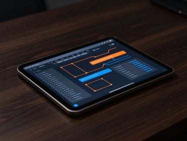 Sleek tablet screen on a clean dark wooden desk showing a node-based workflow diagram with orange and blue connection lines, low-key moody lighting, 35mm photography