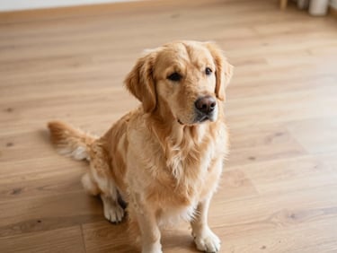 A calm, freshly groomed golden retriever sitting relaxed on a clean wooden floor, soft natural daylight, warm inviting tones, 35mm