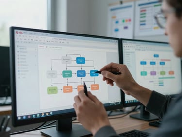 Close-up of hands configuring an HCL Domino workflow interface on a dual-monitor workstation, cool north-facing window light, printed process flowcharts pinned to a board behind the screens