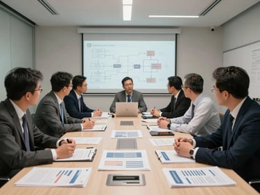 Wide shot of a mid-size enterprise meeting room during an active strategy session, executives reviewing printed investment project documents spread across a long table, architectural strobe lighting, whiteboards covered in process diagrams