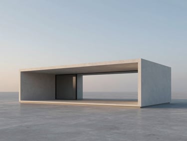 Photorealistic 3D render of a futuristic minimalist residential pavilion, clean twilight lighting.