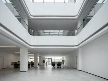 Sharp architectural interior photo documenting the clean lines and volumes of a modern office space.