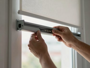 Close-up wide shot of hands aligning a roller blind bracket against a window frame, drill bit positioned precisely, natural daylight flooding the room behind