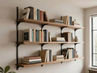 Wide environmental shot of a finished wall shelf installation in a living room, books and objects neatly placed, bracket hardware visible and level, window light from the right